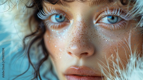 Woman with long white eyelashes close up