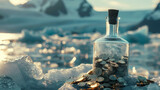 Bottle of gold coins against a backdrop of majestic arctic glaciers