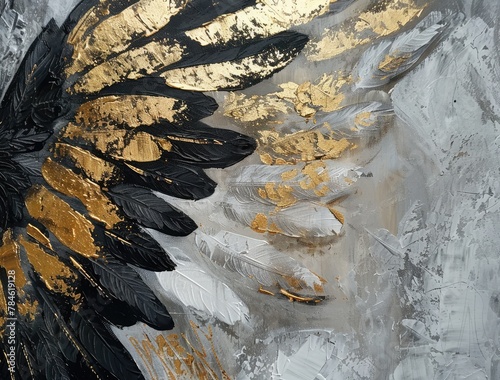 Abstract background with gold and black feathers. Texture of decorative plaster.