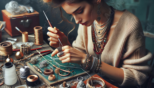 Capturing the Intricate Work of a Jewelry Maker Crafting Wearable Art in Their Candid Daily Environment and Routine photo