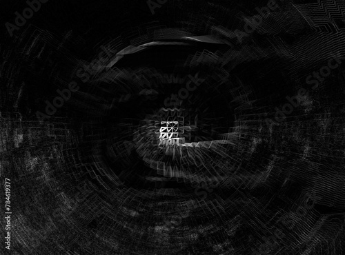 horizontal image. abstract storm vortex in with black background. white conceptual cuboid patterned centre eye shape
