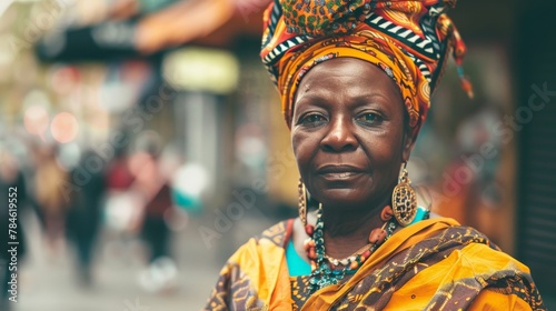 A street portrait of a person dressed in traditional attire from their culture, their proud stance and vibrant colors celebrating heritage and identity. photo