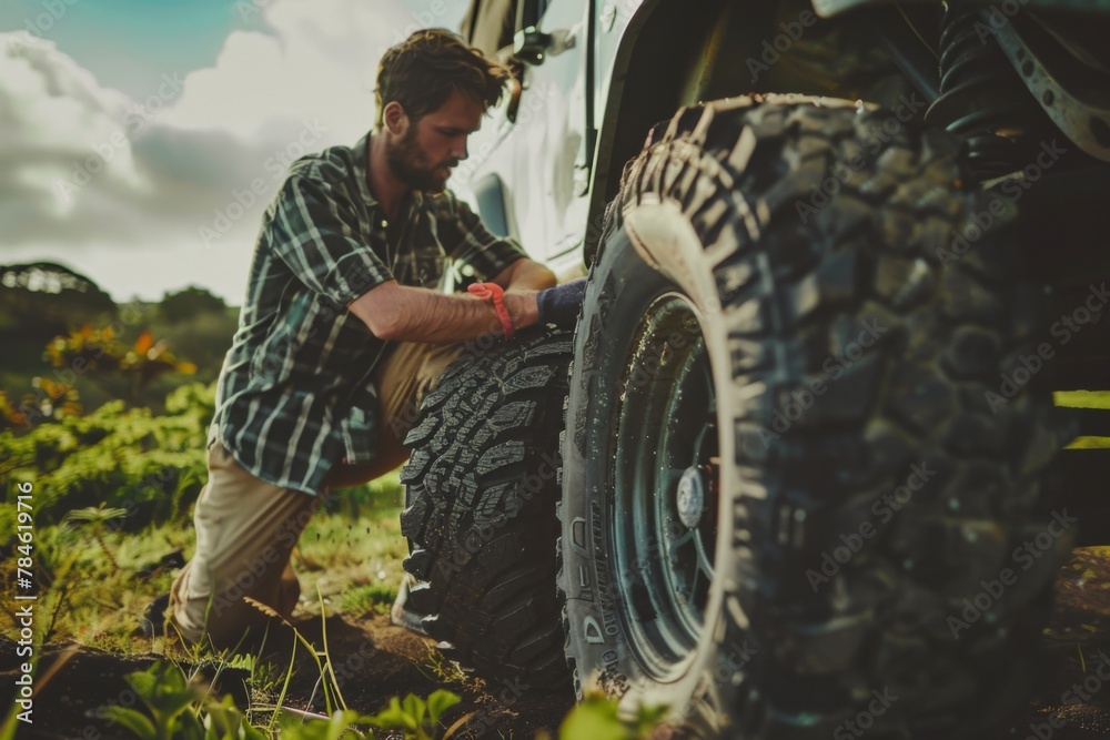 Fototapeta premium A man changing the flat tire of his off-road car in nature