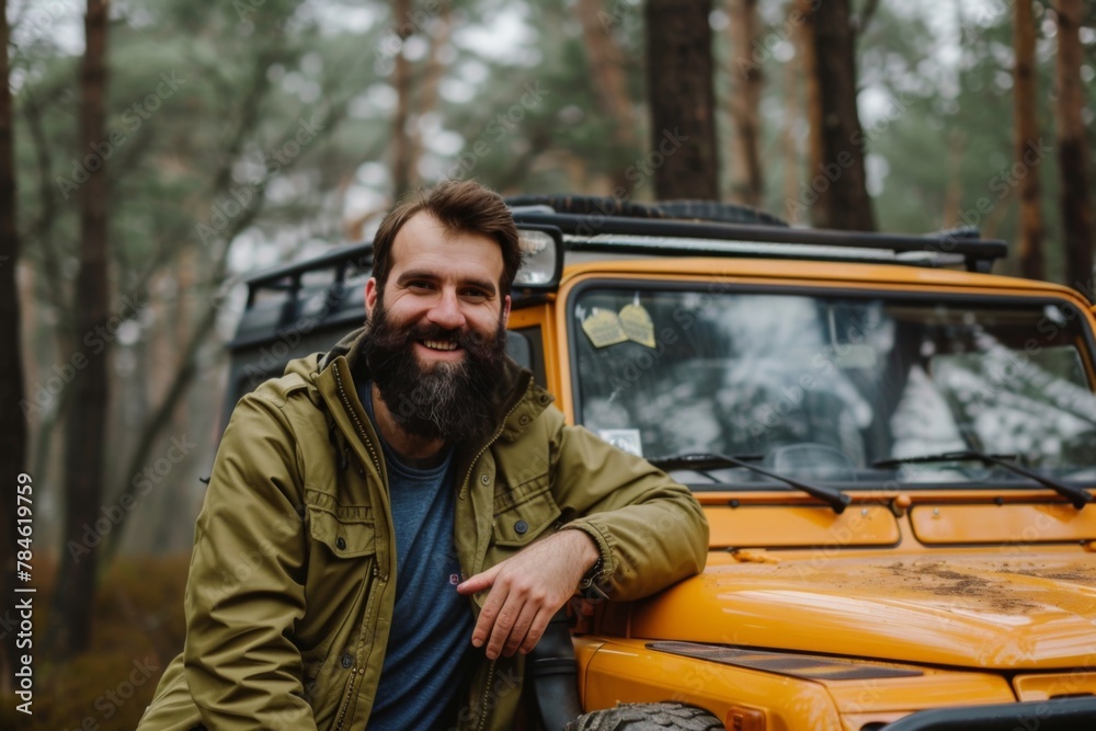 Portrait of a smiling bearded man next to his off-road car in the mountains Portrait of a smiling bearded man next to his off-road car in the mountains