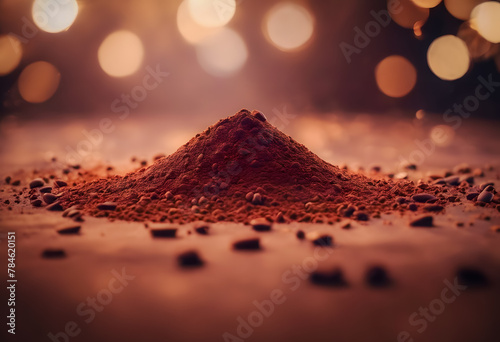 A close-up of a mound of cocoa powder with a warm, bokeh light background, creating a cozy and festive atmosphere. International Chocolate Day.