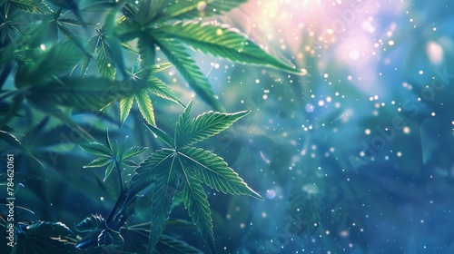 cannabis weed leaves atmospheric background with bokeh effect with copy space