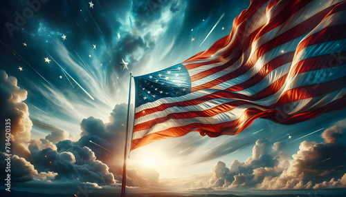 US Independence Day - Photo of Ultra Realistic Star Spangled Banner American Flag Waving Proudly Against Blue Sky in Patriotic Posters Theme