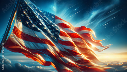Ultra Realistic Star Spangled Banner Waving Proudly Against Blue Sky in US Independence Day Poster