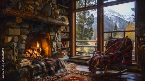 A cozy mountain cabin with a rustic stone fireplace   plaid blankets   and a cozy reading nook   surrounded by snow-capped peaks and serene forest scenery