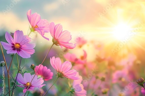 background wallpaper landscape of Beautiful cosmos flowers in the field with a sunset