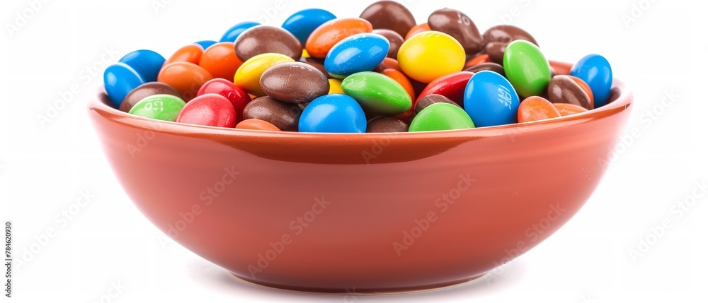 Little, multicolored chocolate-covered chocolates with a variety of coatings in a bowl, isolated on white, Generative AI. Little, multicolored chocolate-covered chocolates with a variety of coatings in a bowl, isolated on white, Generative AI.