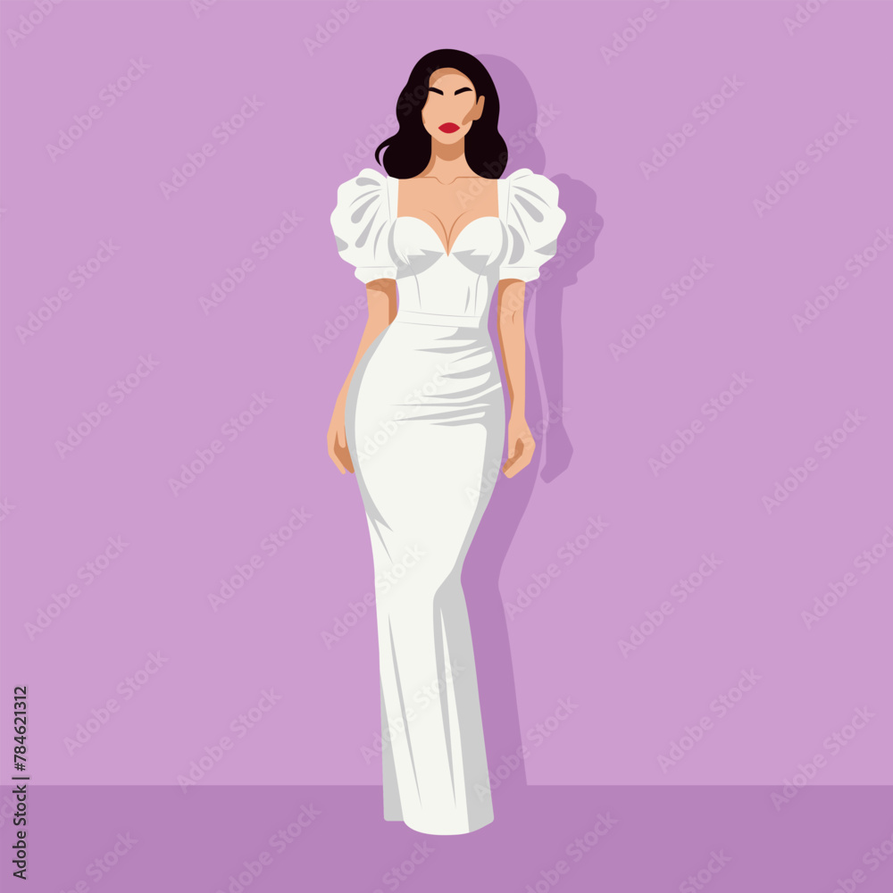 Vector fashion illustration of a young beautiful bride with an abstract face in an elegant white floor-length dress with voluminous sleeves.
Vector fashion illustration of a young beautiful bride with an abstract face in an elegant white floor-length dress with voluminous sleeves.