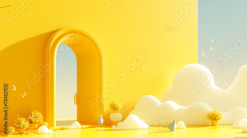 Ethereal Portal to Imagination: 3D Render of Cloud and Door on Vibrant Yellow Background