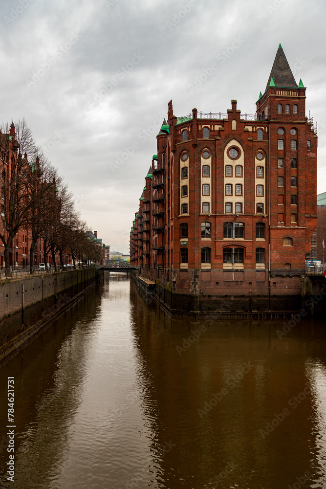 Portrait shot of buildings in Spreicherstadt, Hamburg