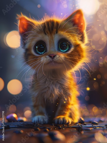 A cute kitten with big eyes is sitting on a rock. The kitten is looking at the camera with a curious expression. The image has a warm and playful mood, and it seems to be a cute
