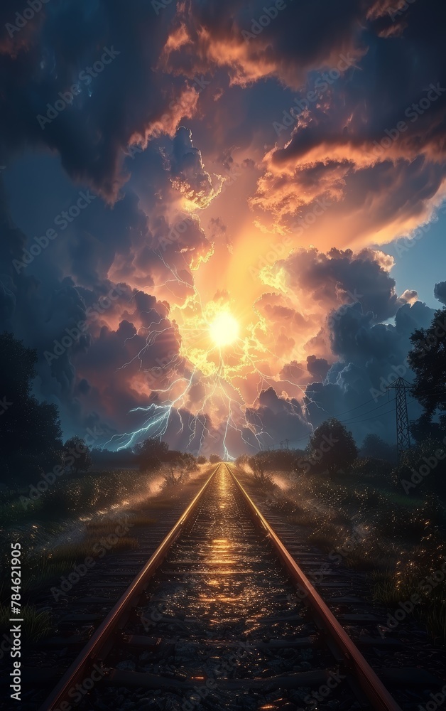 A train track with a bright sun in the sky. The sun is surrounded by a storm of clouds