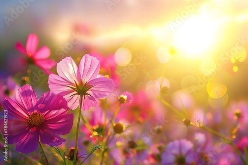 background wallpaper landscape of Beautiful cosmos flowers in the field with a sunset