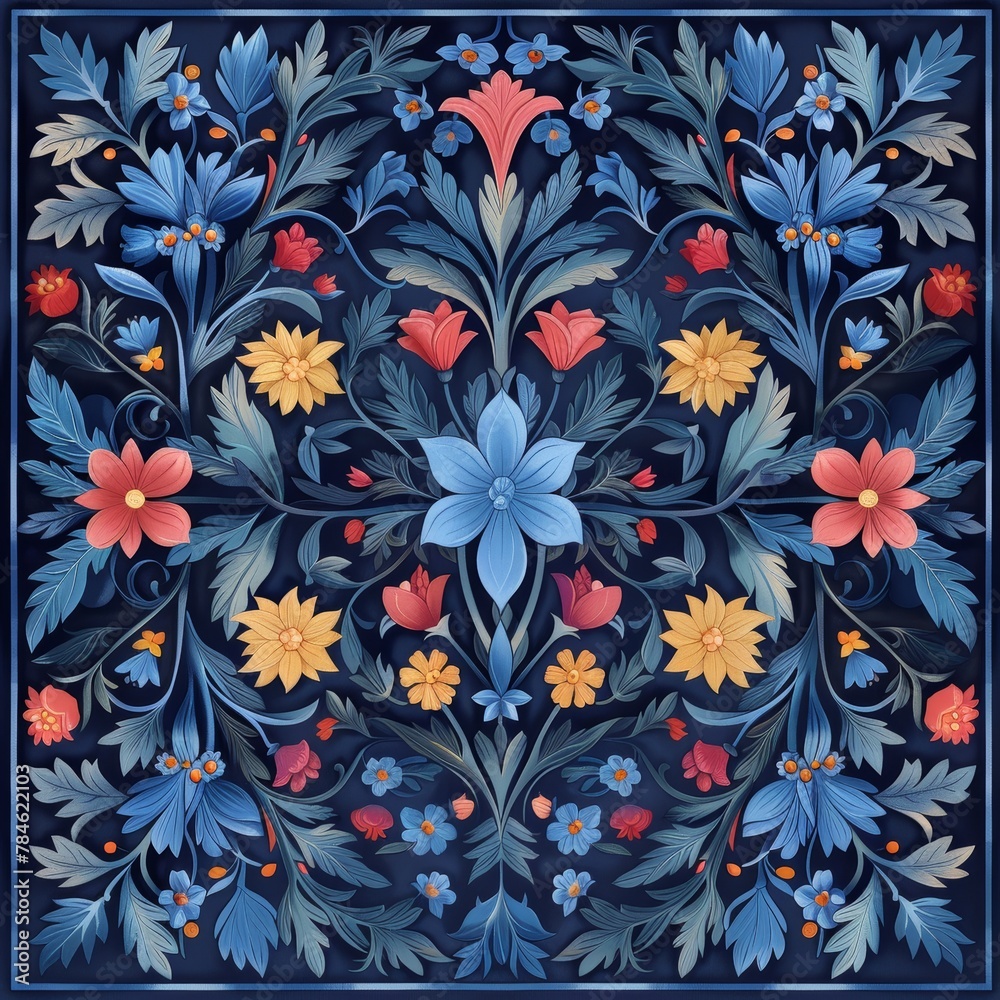 A blue and pink floral design with yellow flowers. The flowers are arranged in a pattern and the colors are vibrant A blue and pink floral design with yellow flowers. The flowers are arranged in a pattern and the colors are vibrant