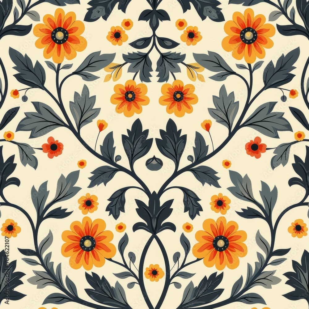 A floral pattern with yellow flowers and leaves. The flowers are in various sizes and are scattered throughout the design. Scene is cheerful and bright A floral pattern with yellow flowers and leaves. The flowers are in various sizes and are scattered throughout the design. Scene is cheerful and bright
