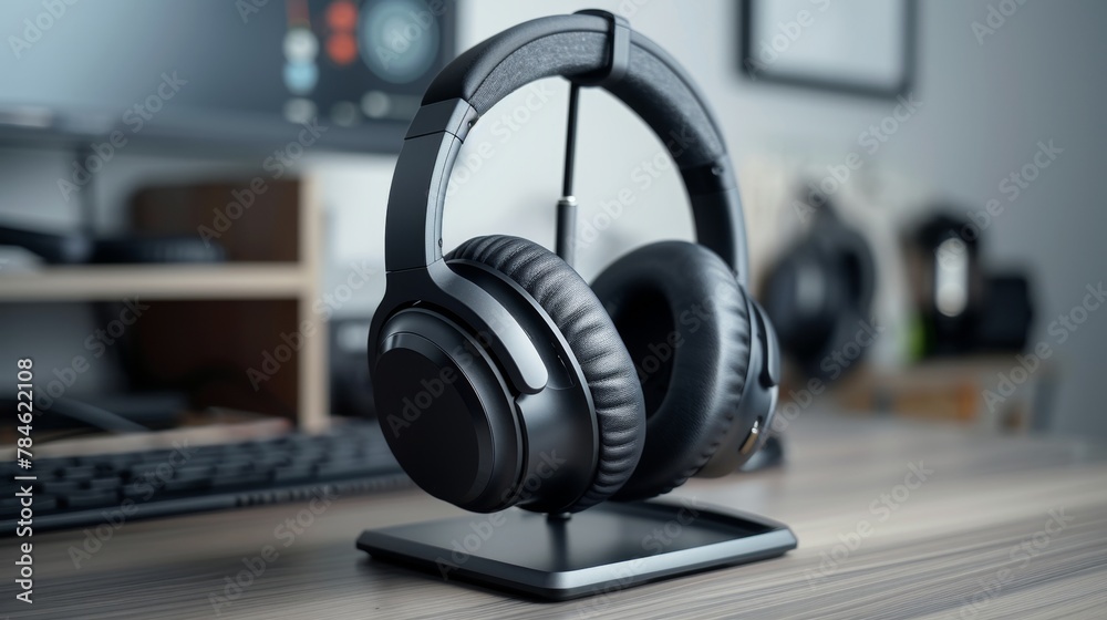 A pair of headphones sits on a stand on a desk. The headphones are black and appear to be a high-end model. The desk is cluttered with various items, including a keyboard, a mouse, and a few books