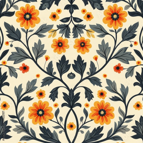 A floral pattern with yellow flowers and leaves. The flowers are in various sizes and are scattered throughout the design. Scene is cheerful and bright