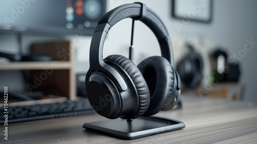 A pair of headphones sits on a stand on a desk. The headphones are black and appear to be a high-end model. The desk is cluttered with various items, including a keyboard, a mouse, and a few books