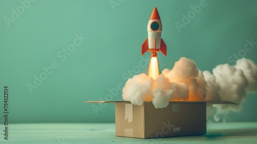 A rocket is launched from a cardboard box, with a cloud of smoke trailing it. Concept of excitement and wonder, as if the rocket is taking off into the unknown