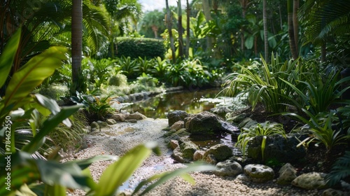 A tranquil meditation garden with winding paths   lush foliage   and tranquil water features   offering a serene retreat for contemplation and relaxation