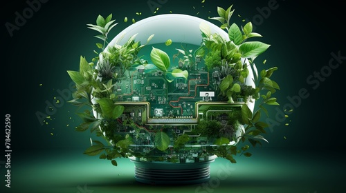 Paper-cut style globe featuring green leaves with digital circuit patterns, symbolizing green tech