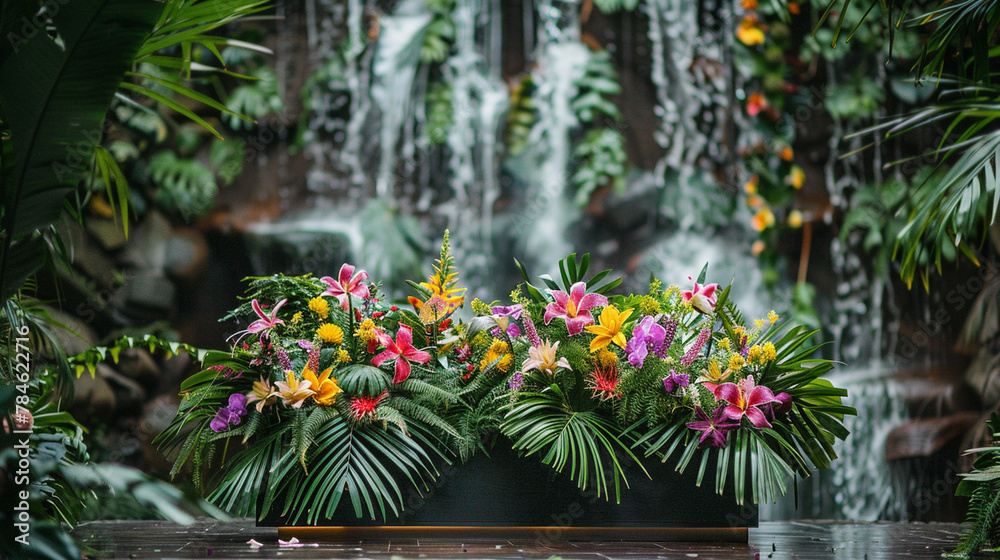 A podium adorned with lush greenery and vibrant flowers, set against a backdrop of cascading waterfalls, exuding a sense of serenity and harmony.