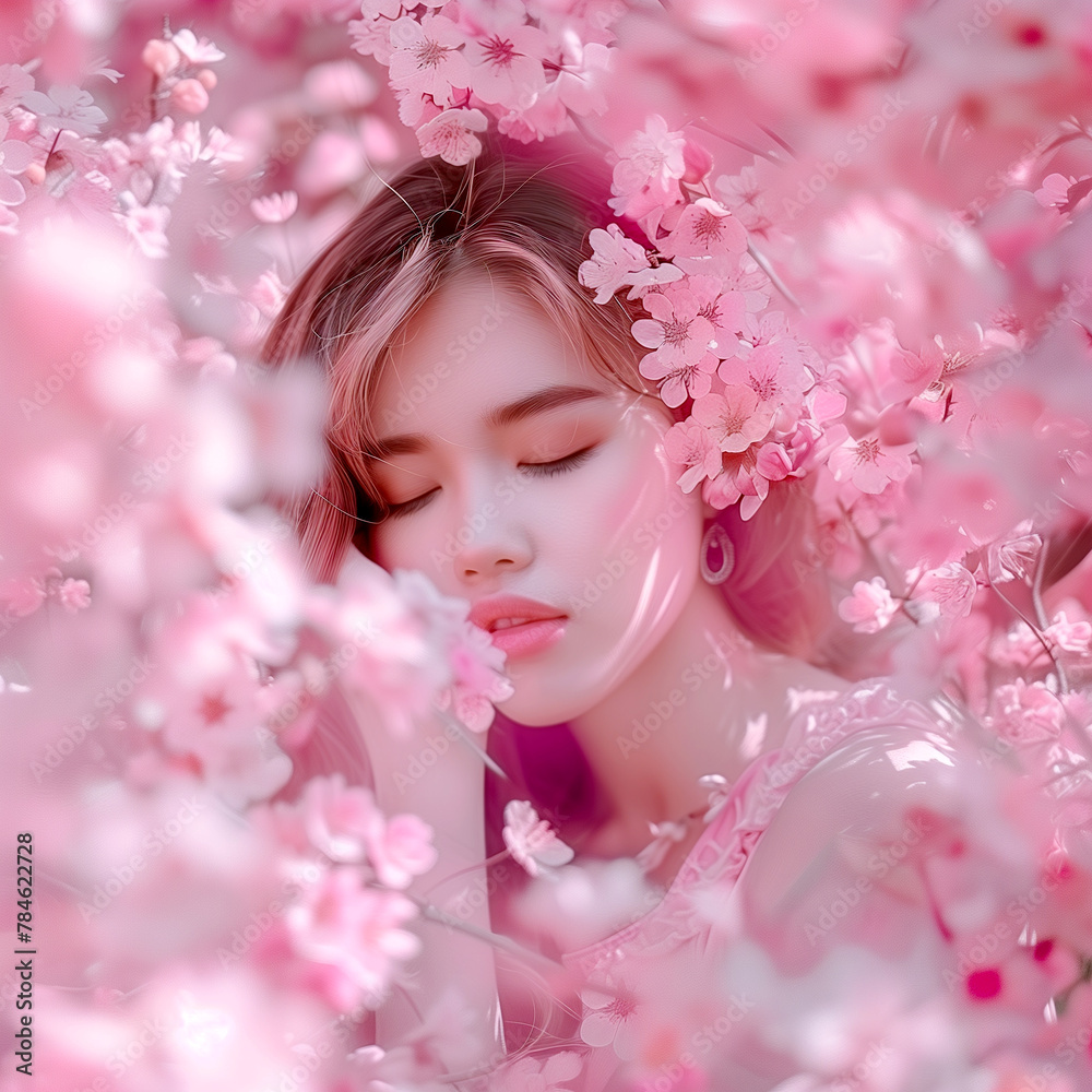 A beautiful woman surrounded by pink flowers - a cover template for social networks
