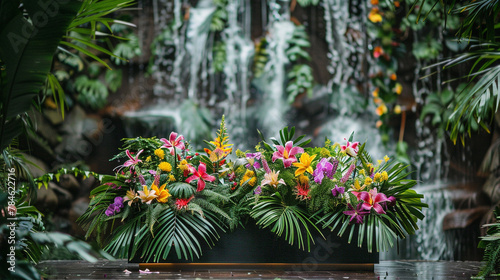 A podium adorned with lush greenery and vibrant flowers, set against a backdrop of cascading waterfalls, exuding a sense of serenity and harmony.