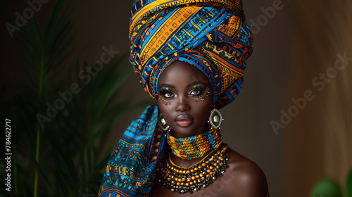 portrait of beautiful young african woman wearing traditional tribal outfit, colorful, rich