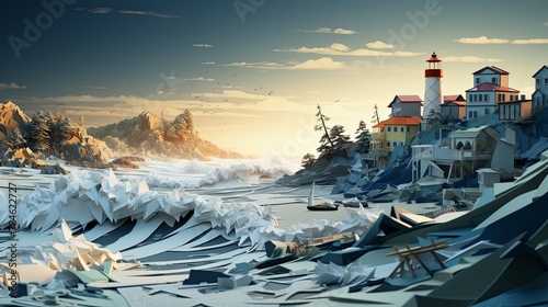 Paper-cut style illustration of a storm-damaged coastal town, realistic 3D look, minimalist, super blurred seaside background,