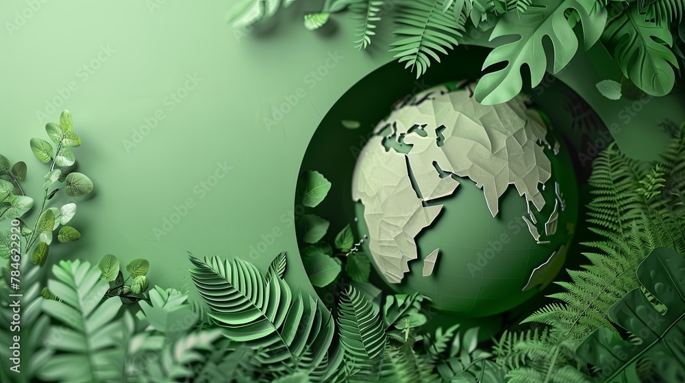 Realistic and detailed green leaf globe, 3D paper-cut style, with shadows hinting at deforestation issues Realistic and detailed green leaf globe, 3D paper-cut style, with shadows hinting at deforestation issues