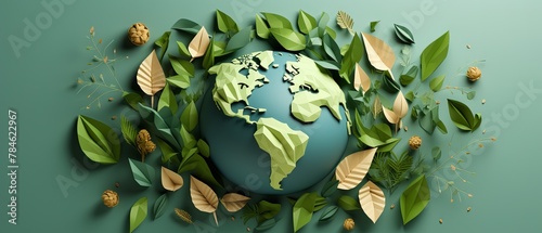 Realistic globe with green leaves, 3D paper cut style, minimalist eco-friendly concept,