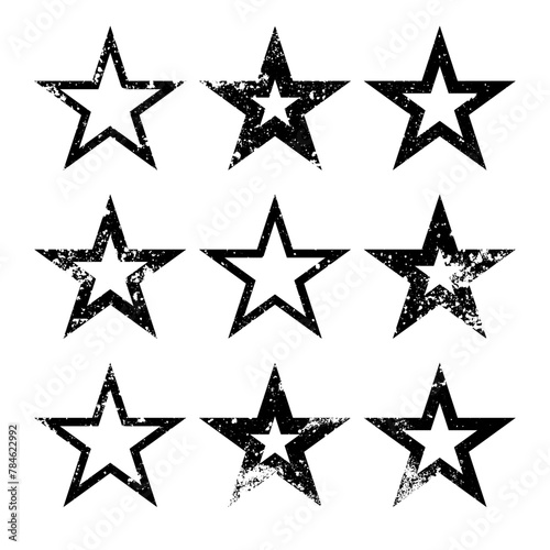 Vintage stars with cracks and stains. Old hand-drawn sign  black simple shape. Retro design element with distressed effect  grunge texture. Vector illustration
