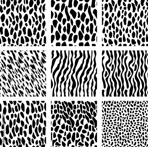 Seamless animal pattern set. Collection of print skin mammal fur and skin reptile. Printable Background vector © Little J