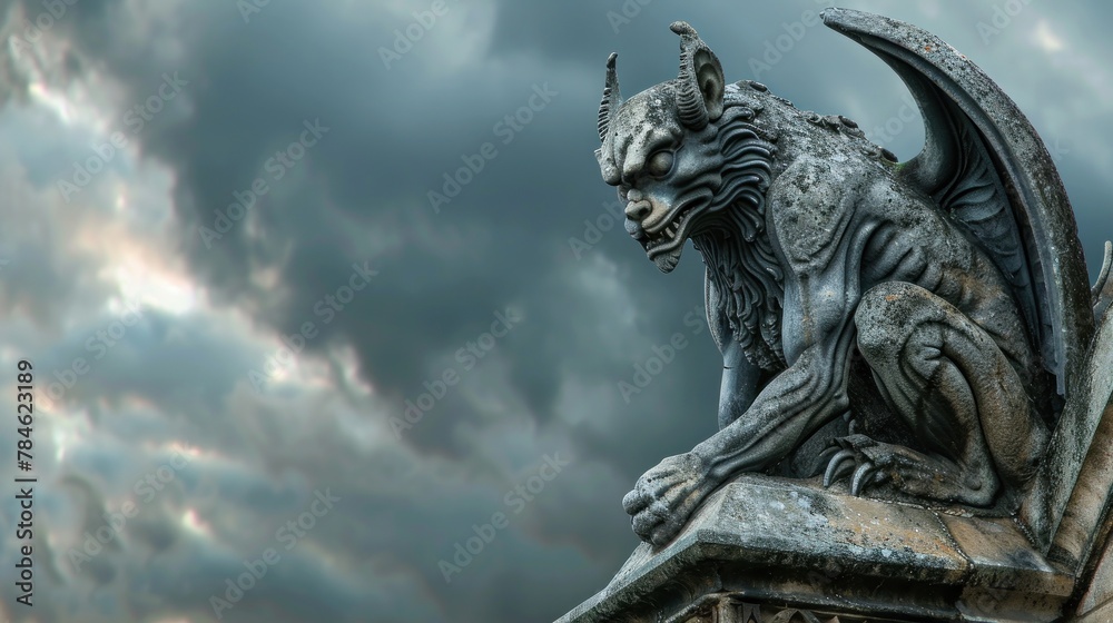 A detailed stone gargoyle perched on the edge of a building, against a backdrop of stormy clouds, great for architectural studies or dramatic fantasy scenes.