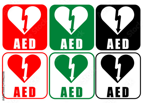 Medical AED icons or graphics with red, green and black colourways, heart attack graphic 