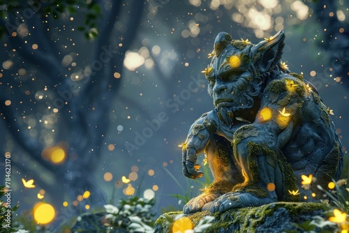A 3D-rendered scene of a guardian gargoyle sitting in a mystical forest with glowing eyes and surrounded by magical lights, perfect for fantasy worldbuilding or enchanting illustrations. photo