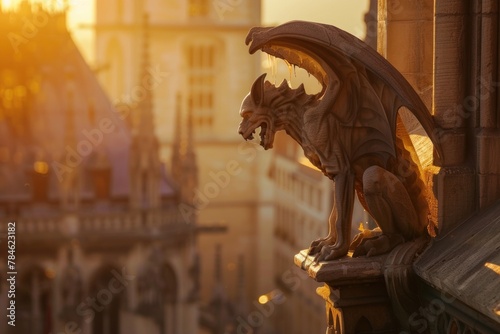 A creative photo of a gargoyle sculpture at sunset with the golden light illuminating its features, perfect for artistic photography collections or evocative travel brochures.