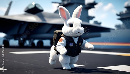 a cute fluffy rabbit pilot walking on a military aircraft carrier, unreal engine render, 8k, cinematic