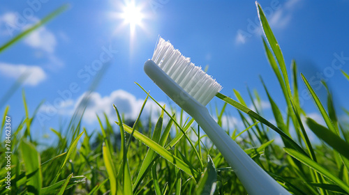 Eco-friendly dental care concept with toothbrush in grass under sunny sky  perfect for green lifestyle promotion and sustainable living education