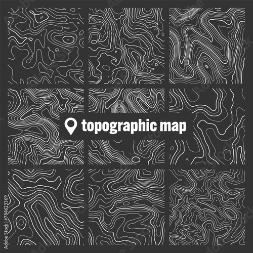 Topographic map with contour lines. Geographic terrain grid, relief height elevation. Ground path pattern. Travel and navigation, cartography design element. Vector illustration