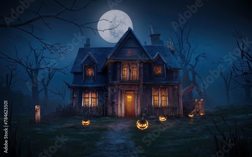 A spooky house with pumpkins in front, setting a Halloween theme. Generative AI