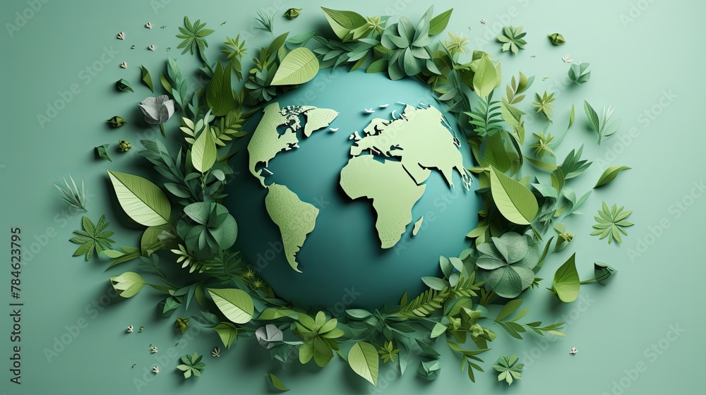 Realistic illustration of a globe composed of green leaves, paper cut style on a minimalist backdrop,