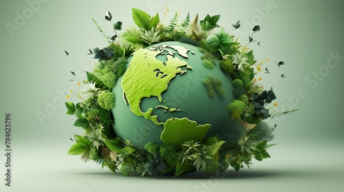 Realistic illustration of a globe constructed from vibrant green leaves, symbolizing eco-innovation, green tones, minimalist background,