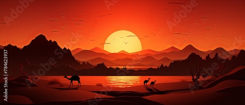 Realistic paper-cut depiction of camels in a desert landscape at sunset, minimalist 3D style,