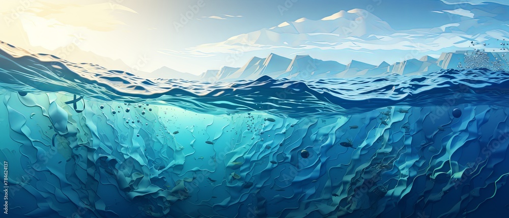 Realistic paper-cut illustration of excessive plastic pollution in oceans, minimalist style, blurred ocean background,